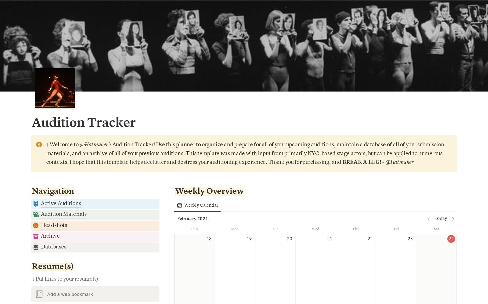This template allows professional actors to track, organize, and plan every aspect of your current and upcoming auditions to ensure you can put your best foot forward while auditioning.