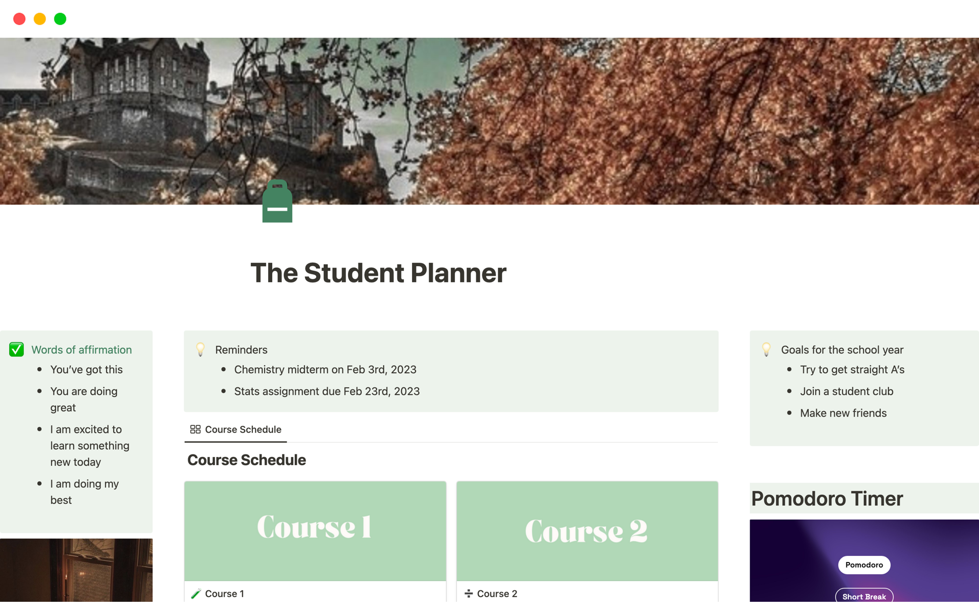 Uma prévia do modelo para The Student Planner