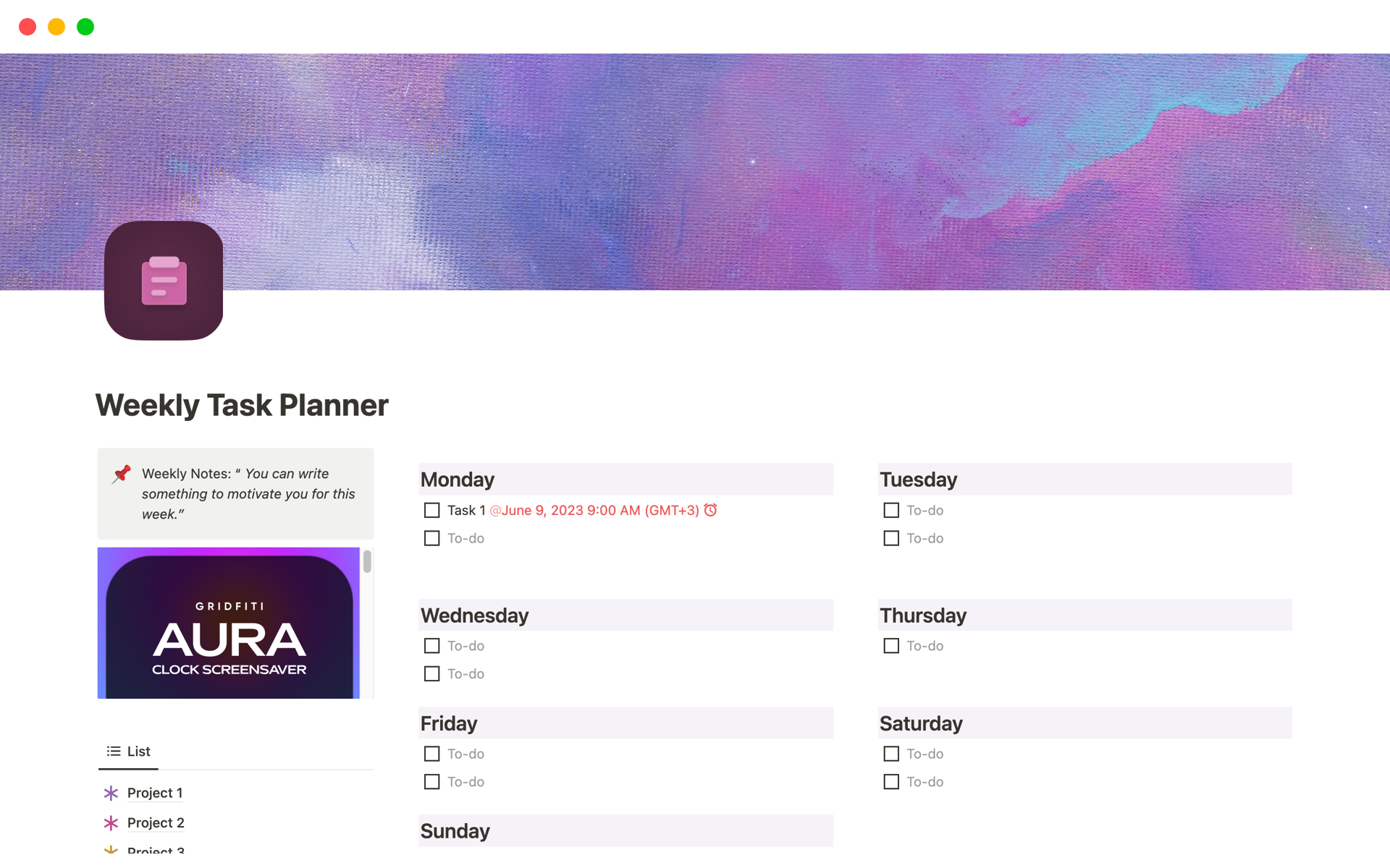 Vista previa de una plantilla para Weekly Task Planner