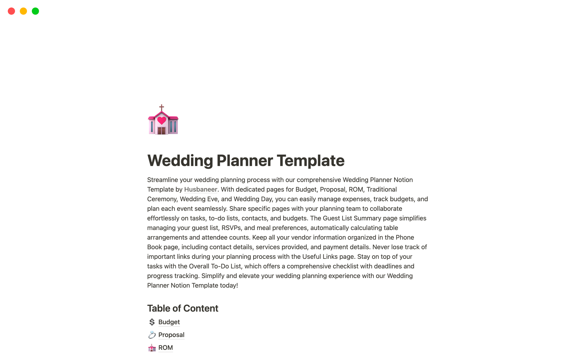 A template preview for Wedding Planner Template