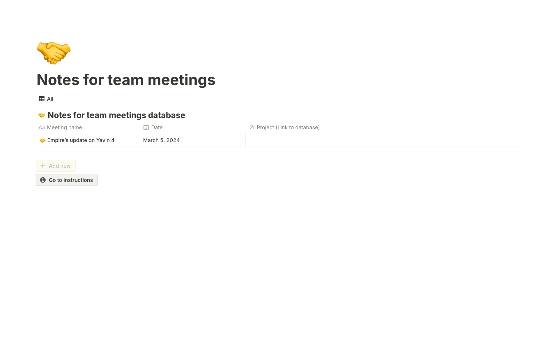 A template preview for Notes for team meetings