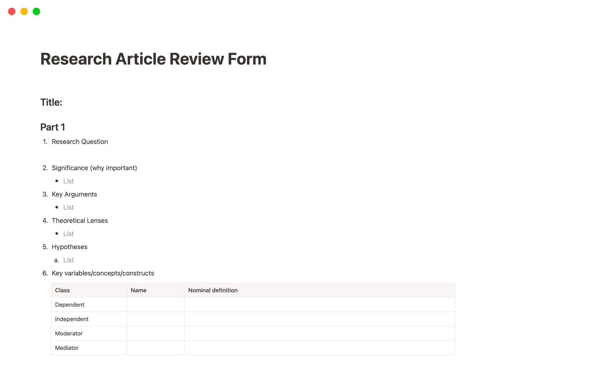 A template preview for Research Article Review Form