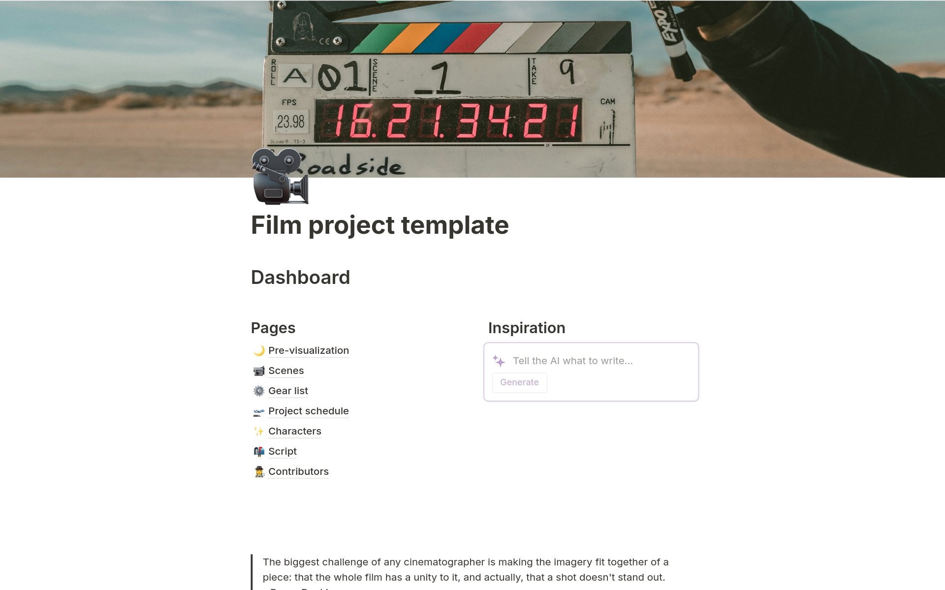 The movie project template is your go-to for every stage of film creation, whether it's a commercial, short film, or feature film. It's versatile, comprehensive, and ready for action!