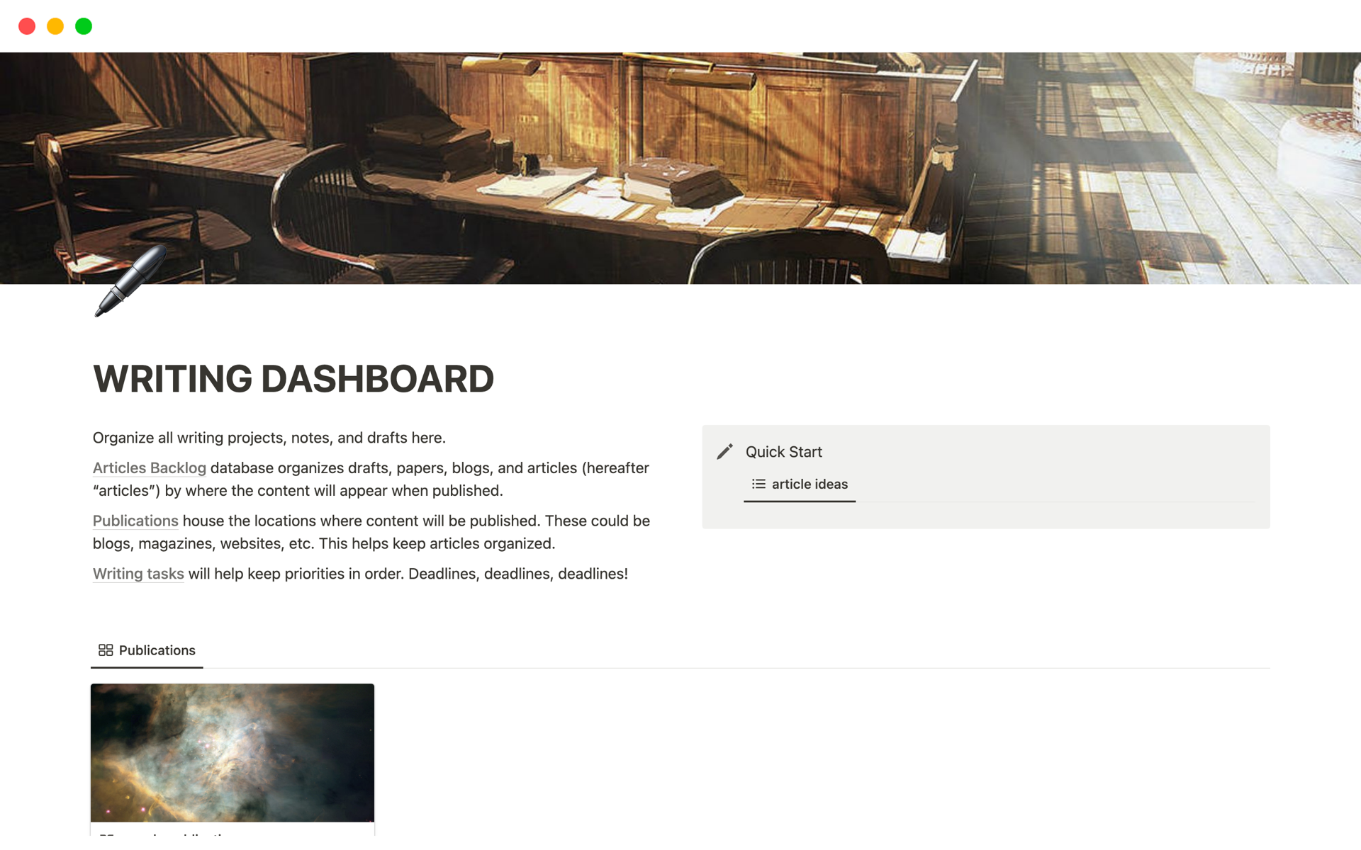 A template preview for Writing Dashboard