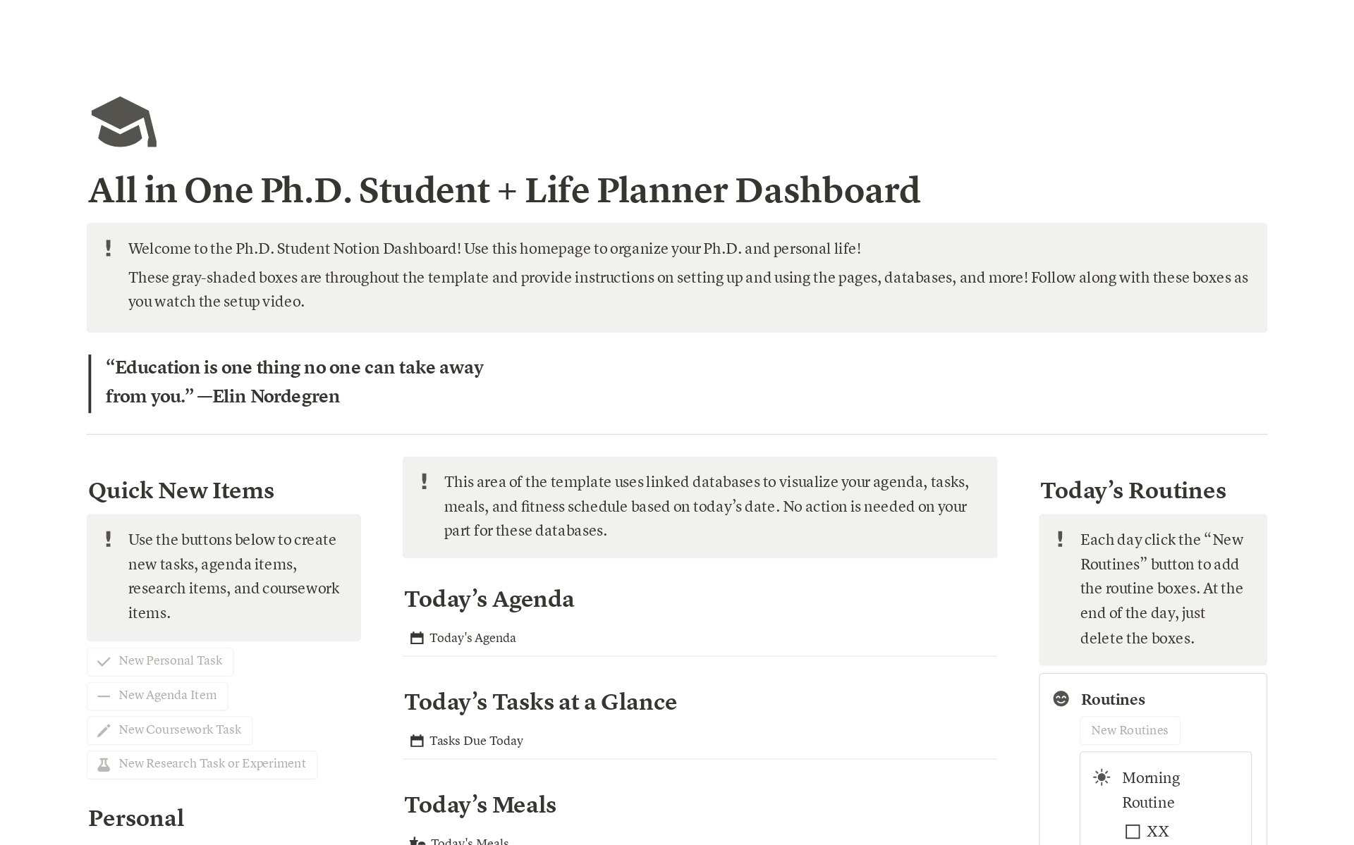 Vista previa de plantilla para All-In-One Graduate Student Notion Dashboard
