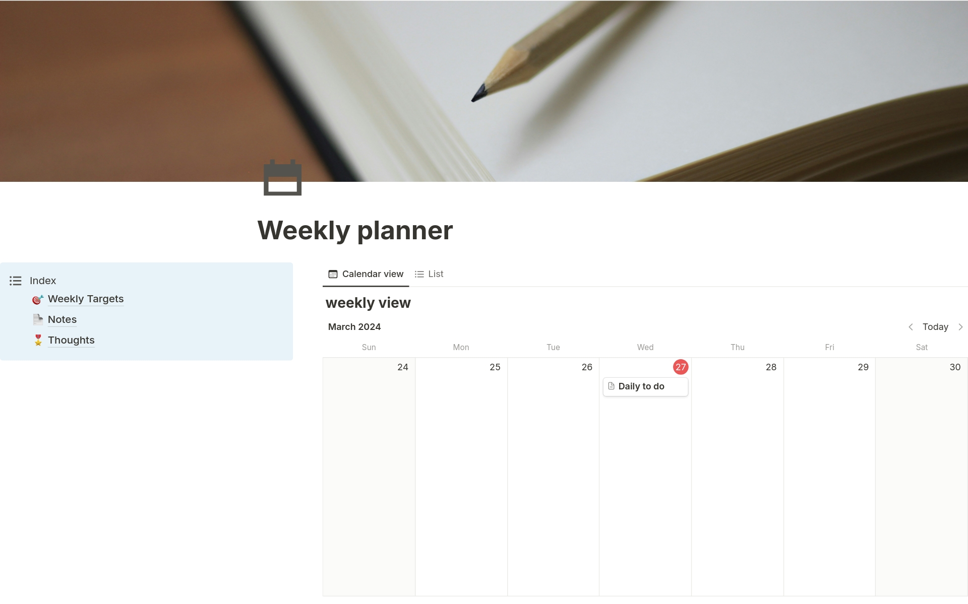 Eine Vorlagenvorschau für Weekly planner