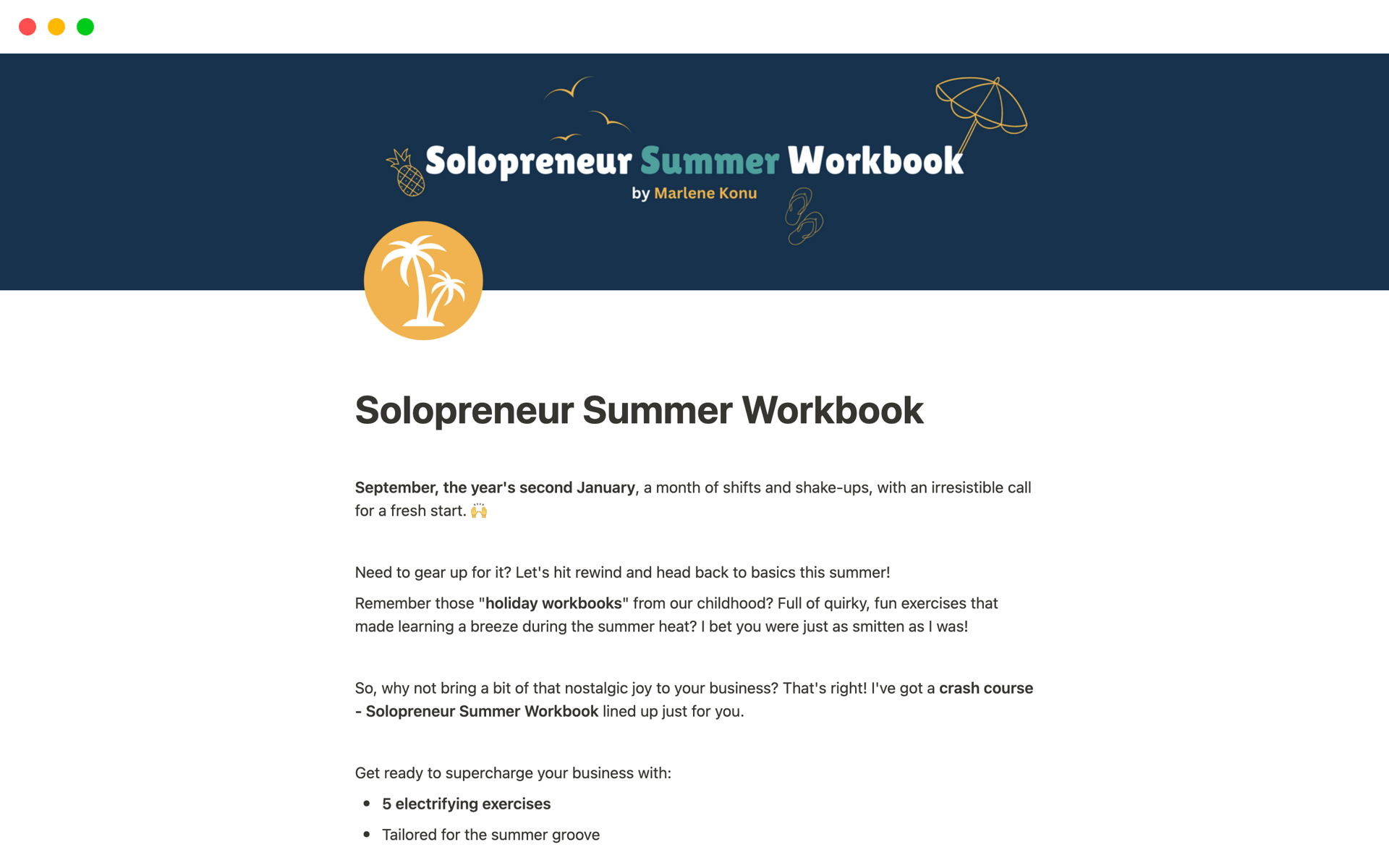 A template preview for Solopreneur Summer Workbook