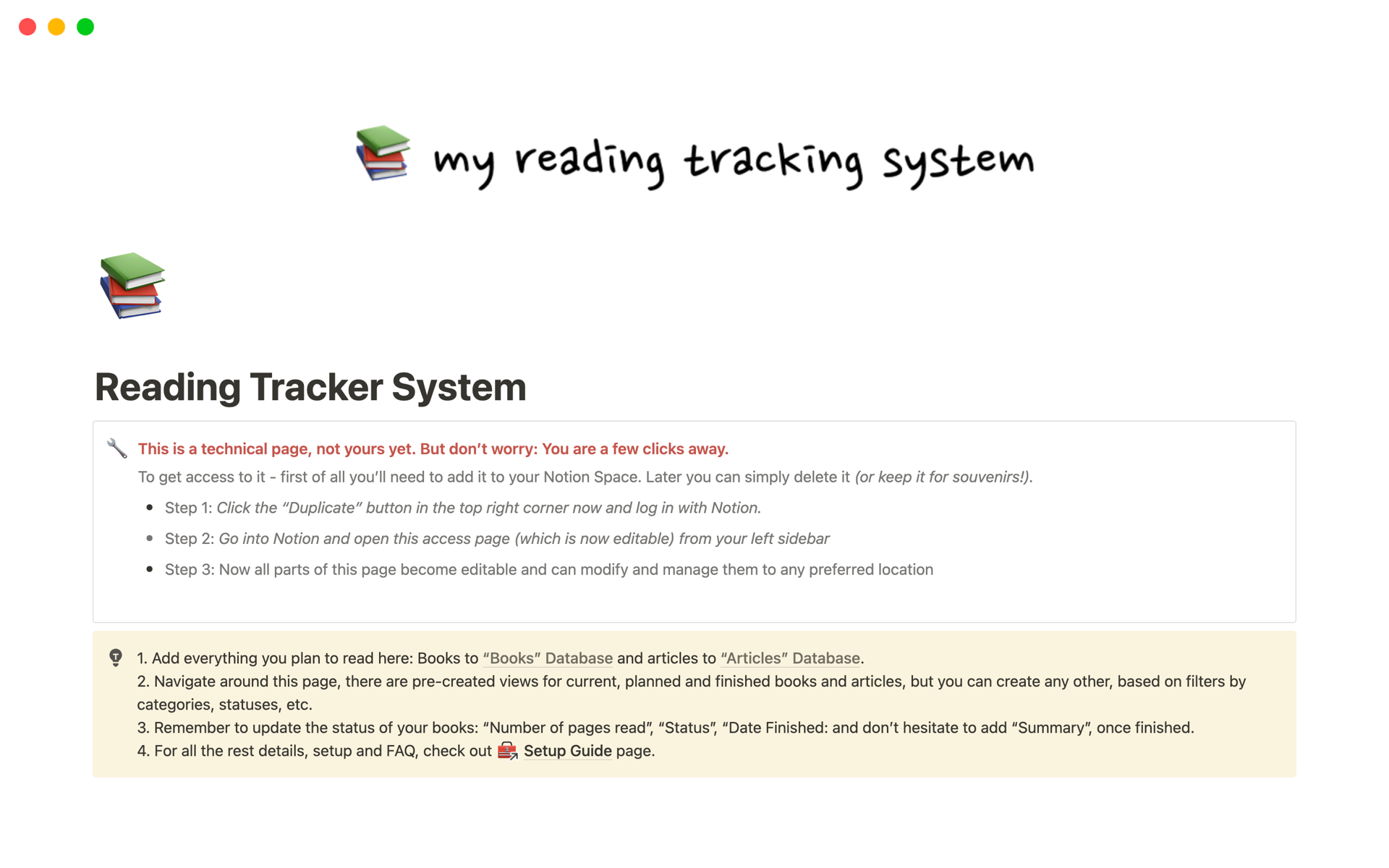 Eine Vorlagenvorschau für Reading Tracker System