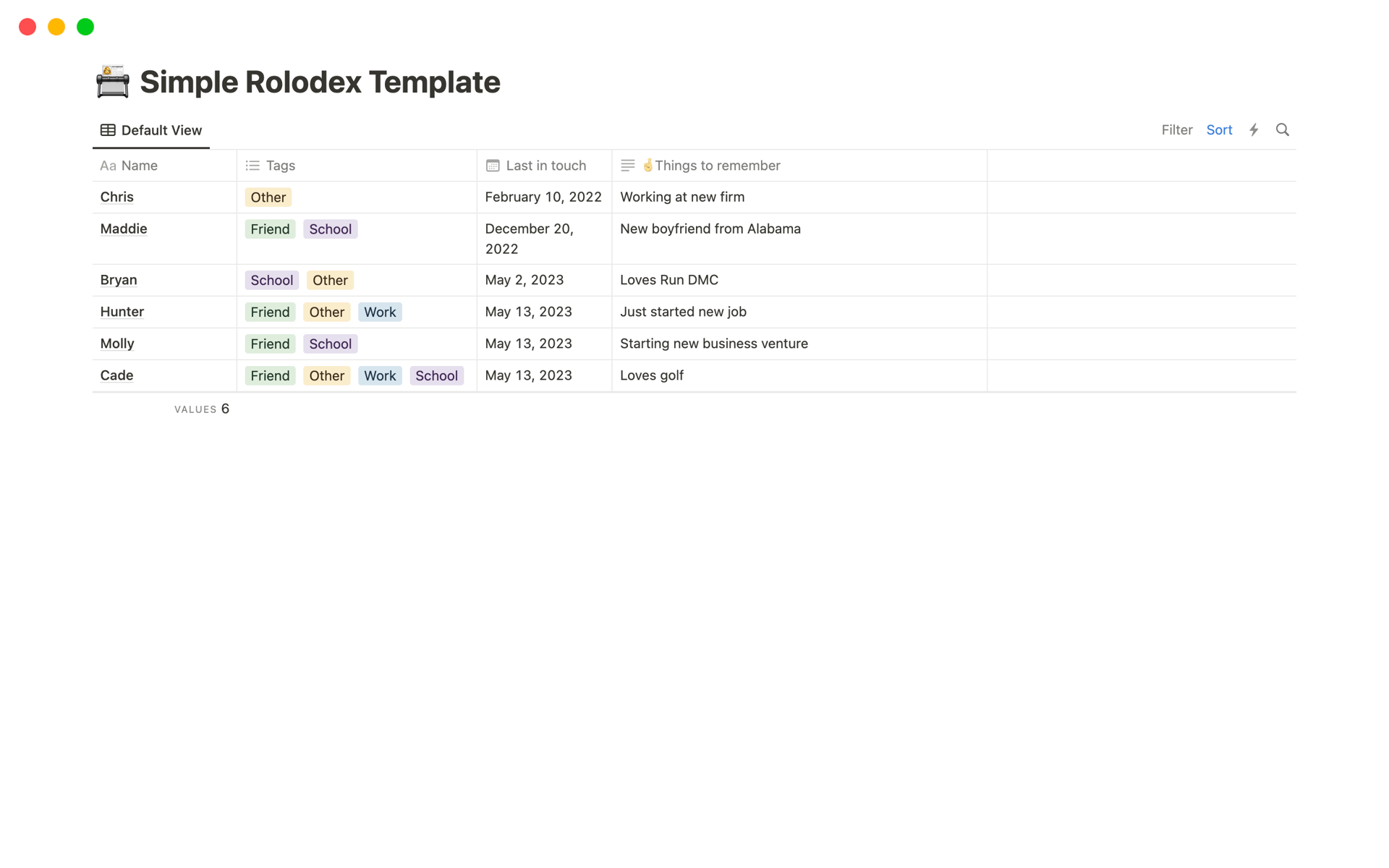 A template preview for Simple Rolodex