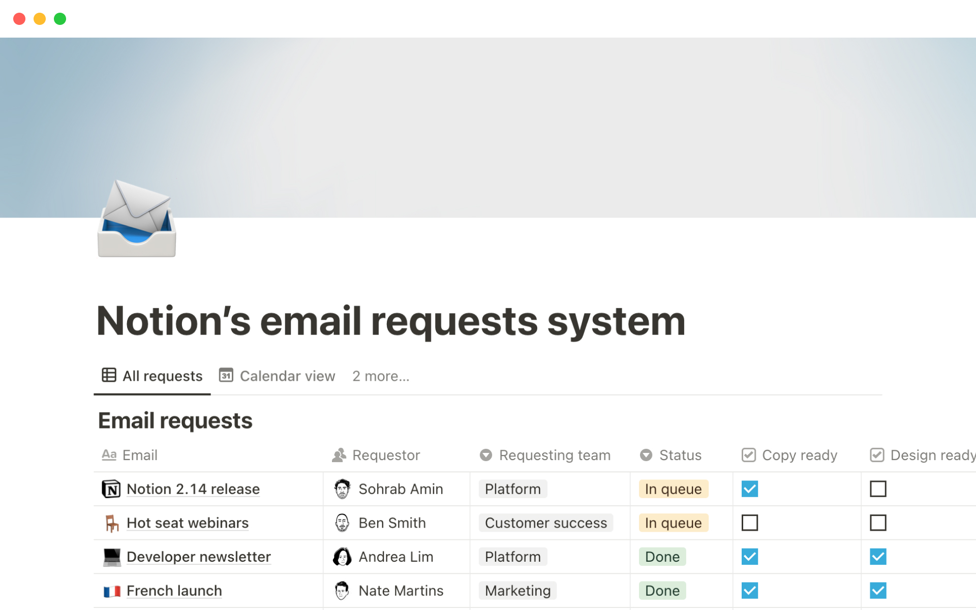 A template preview for Notion’s email requests system
