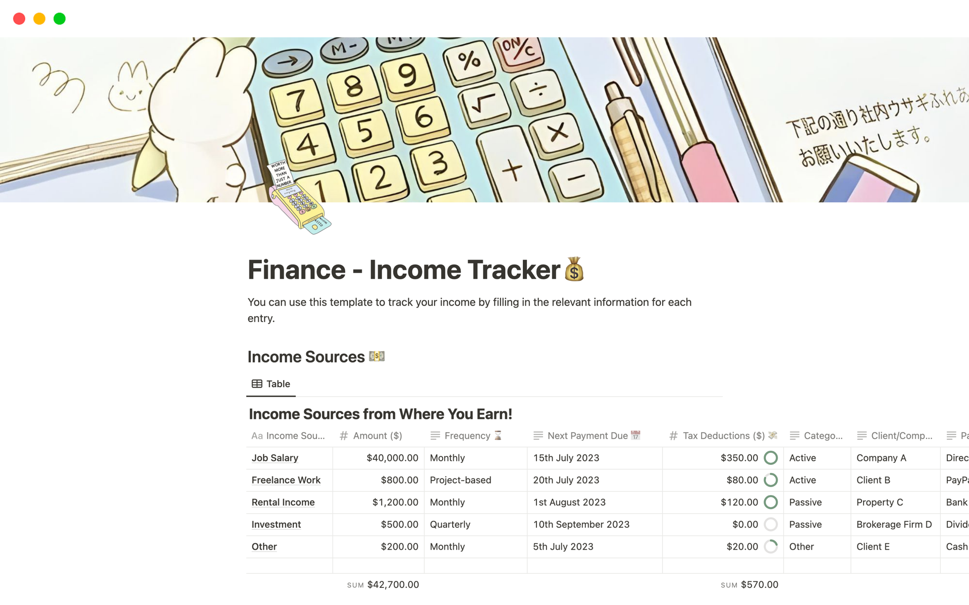 Eine Vorlagenvorschau für Finance - Income Tracker