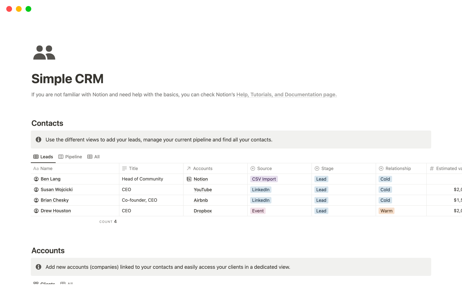 A template preview for Simple CRM