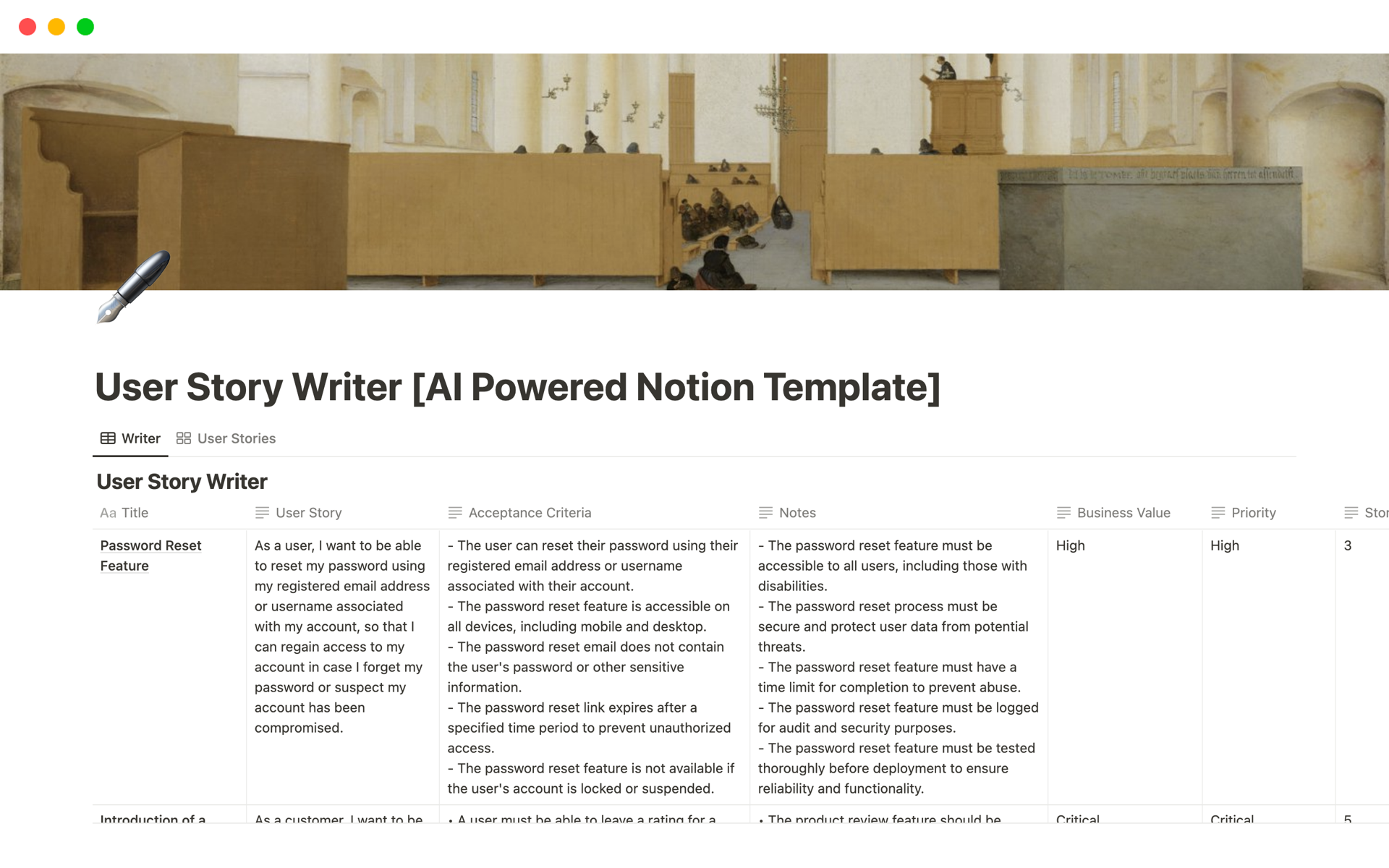 User Story Writer, powered by Notion AI, is an intuitive template designed for product managers. It streamlines the process of describing, prioritizing, and estimating development tasks, always keeping the end user's perspective at the forefront.