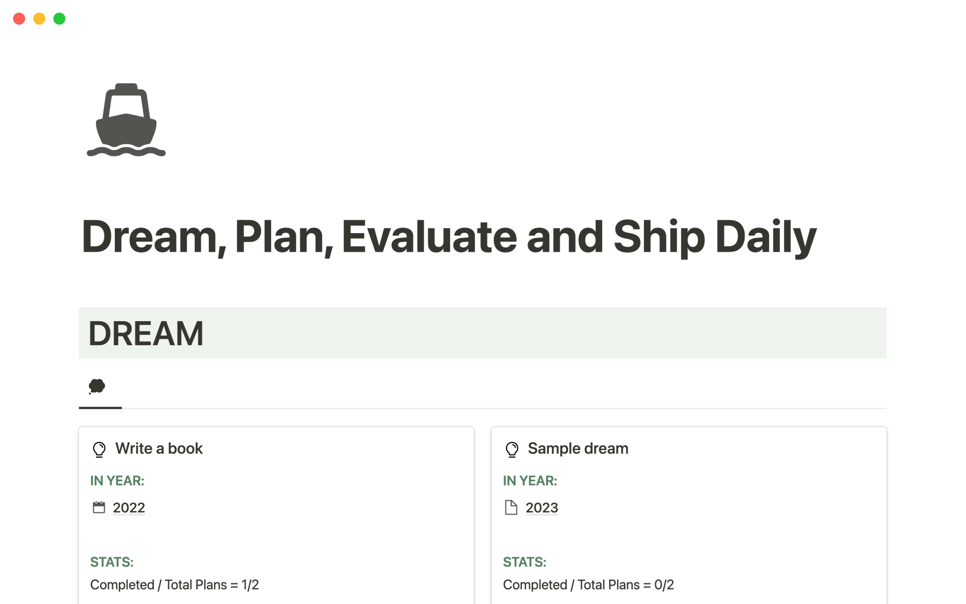 A template preview for Dream, plan, evaluate and ship