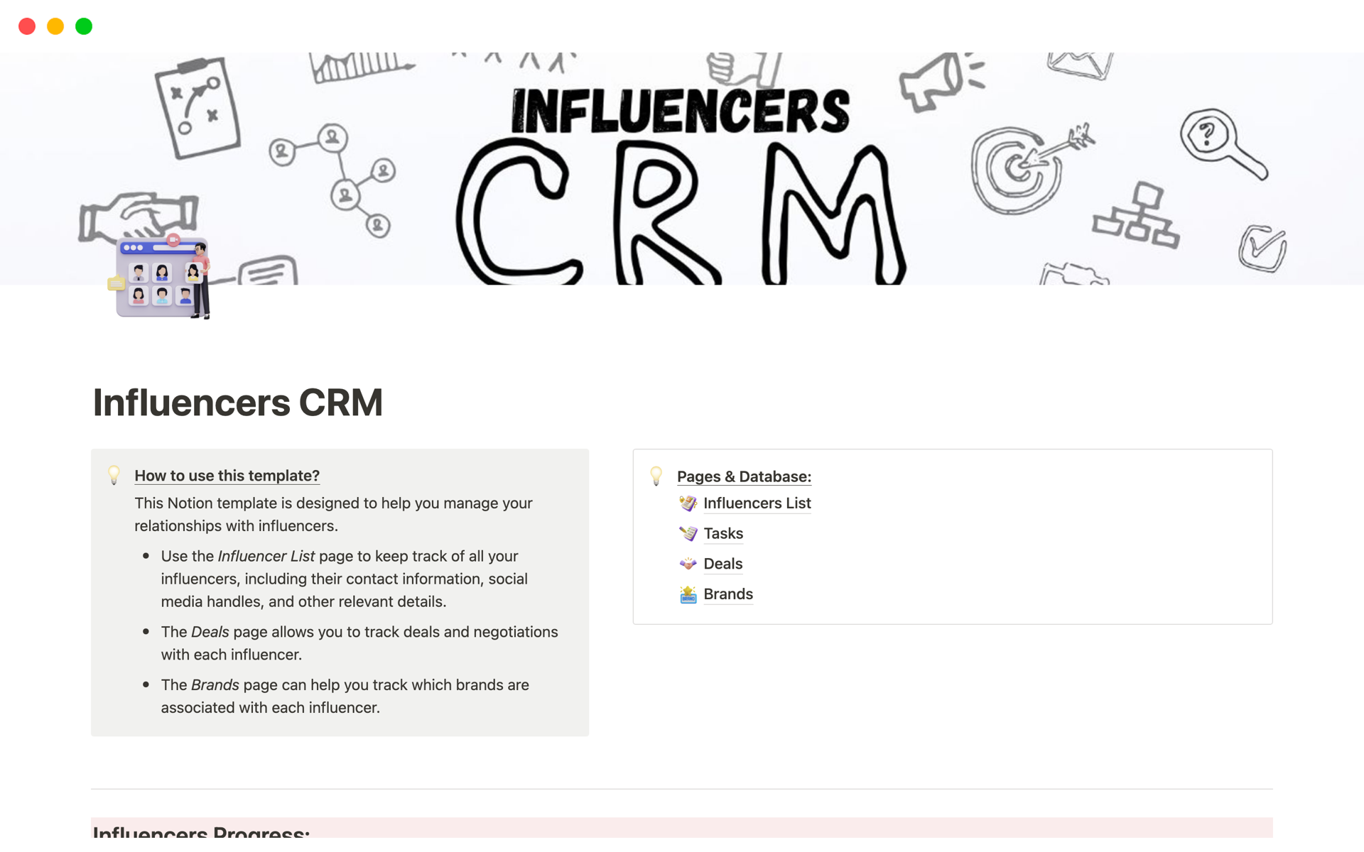 A template preview for CRM for influencers and Brands Managements