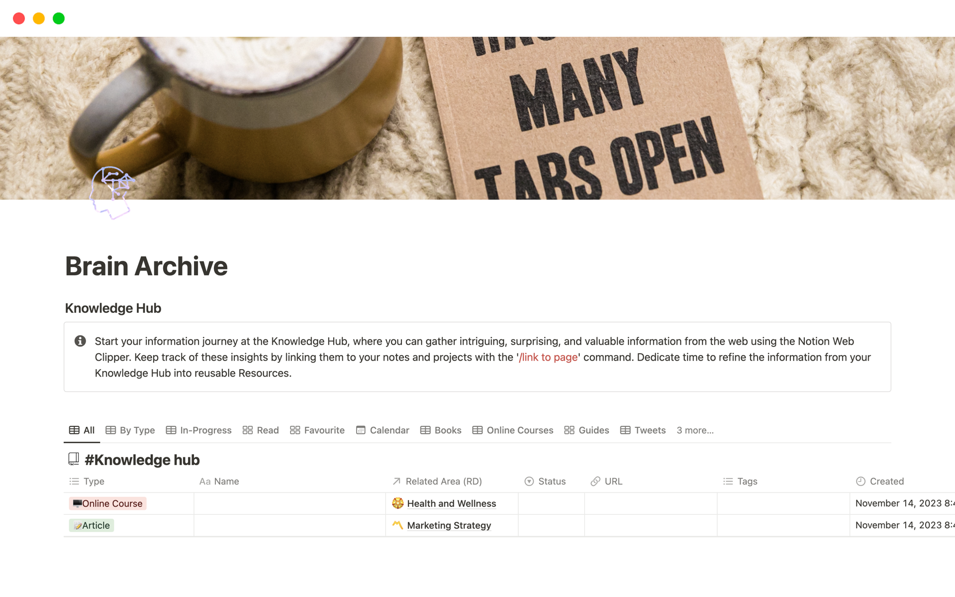 A detailed structure for organizing information and tasks using Notion. This setup includes sections for Knowledge Hub, Actions, Projects, Areas, Resources, Archive, and Notes, each with its own purpose and functionality.