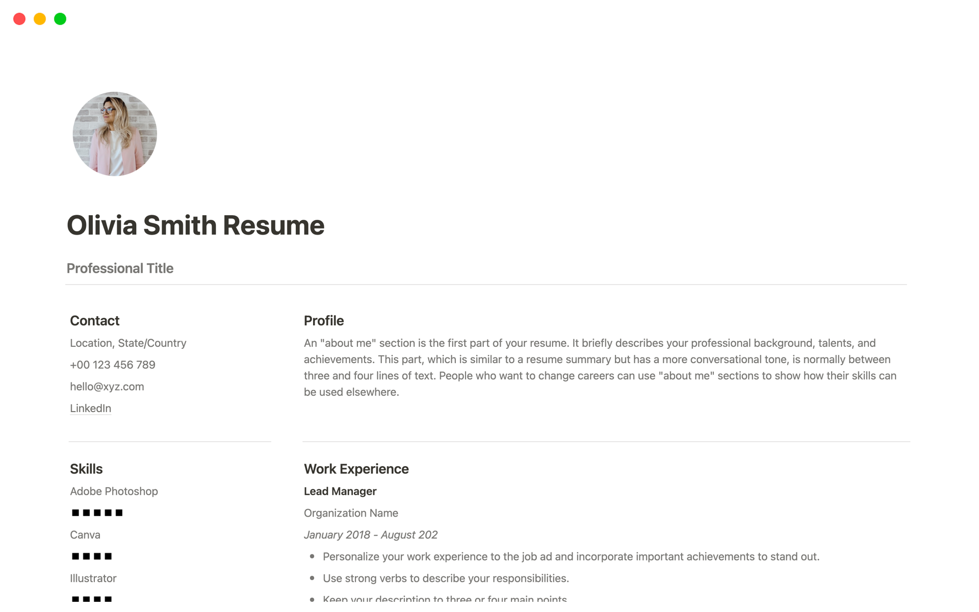 A template preview for Notion Resume/ CV Template