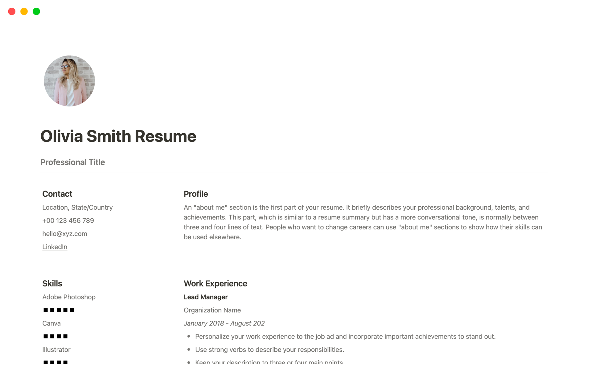 Notion Resume/ CV Template님의 템플릿 미리보기