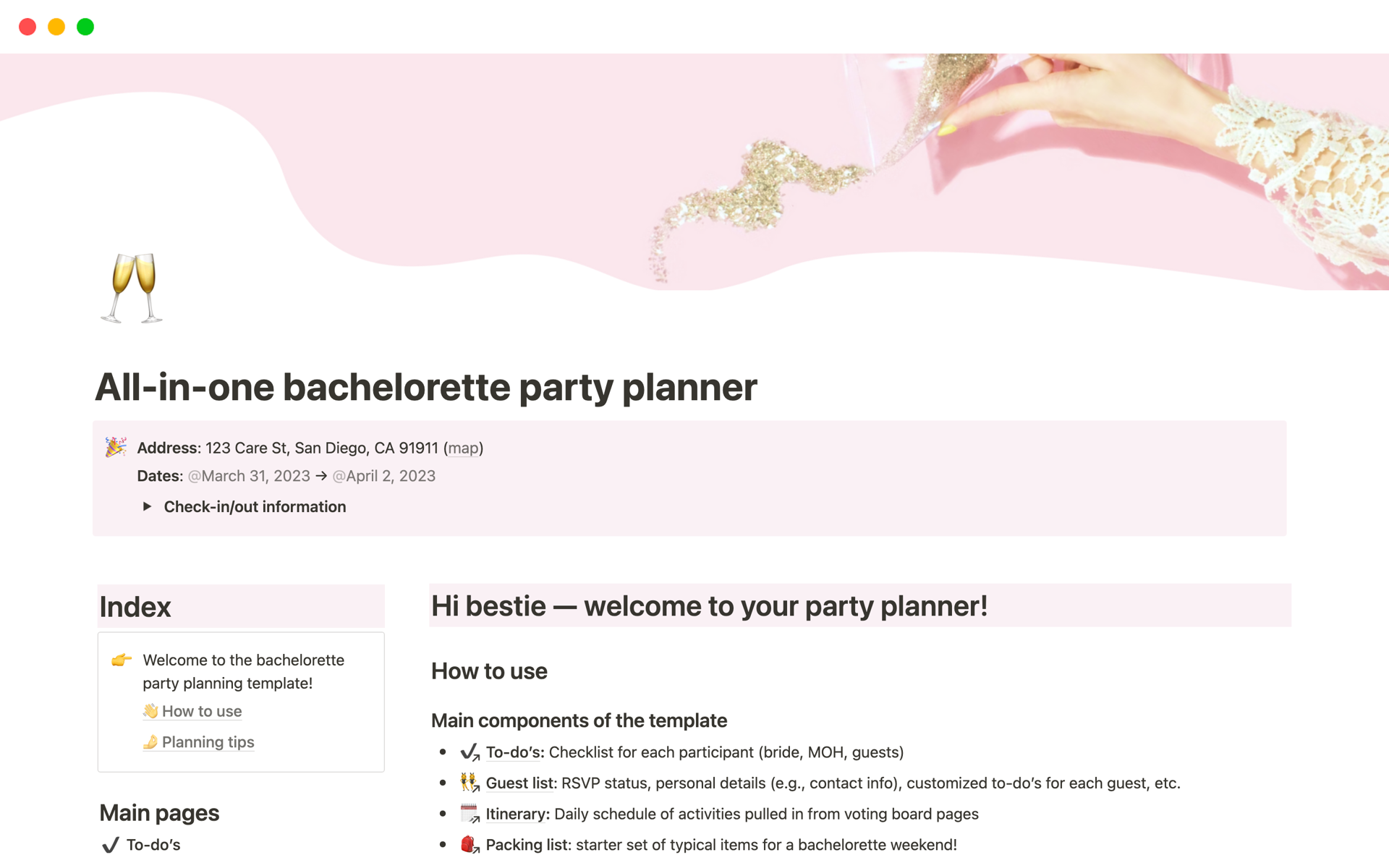A template preview for All-in-one bachelorette party planner