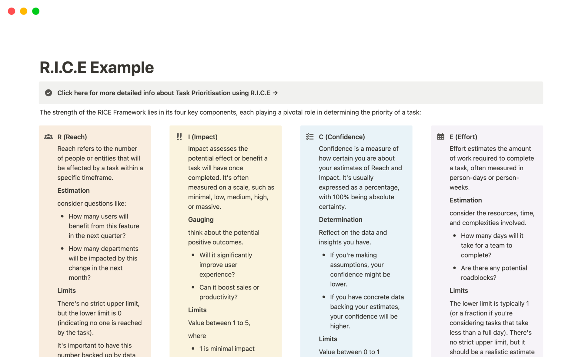 Streamline task prioritisation with our RICE Framework Notion template. Rank tasks using Reach, Impact, Confidence, & Effort. Features a guide, formula breakdown, & mock table. Ideal for product managers & teams. Elevate your task strategy today!