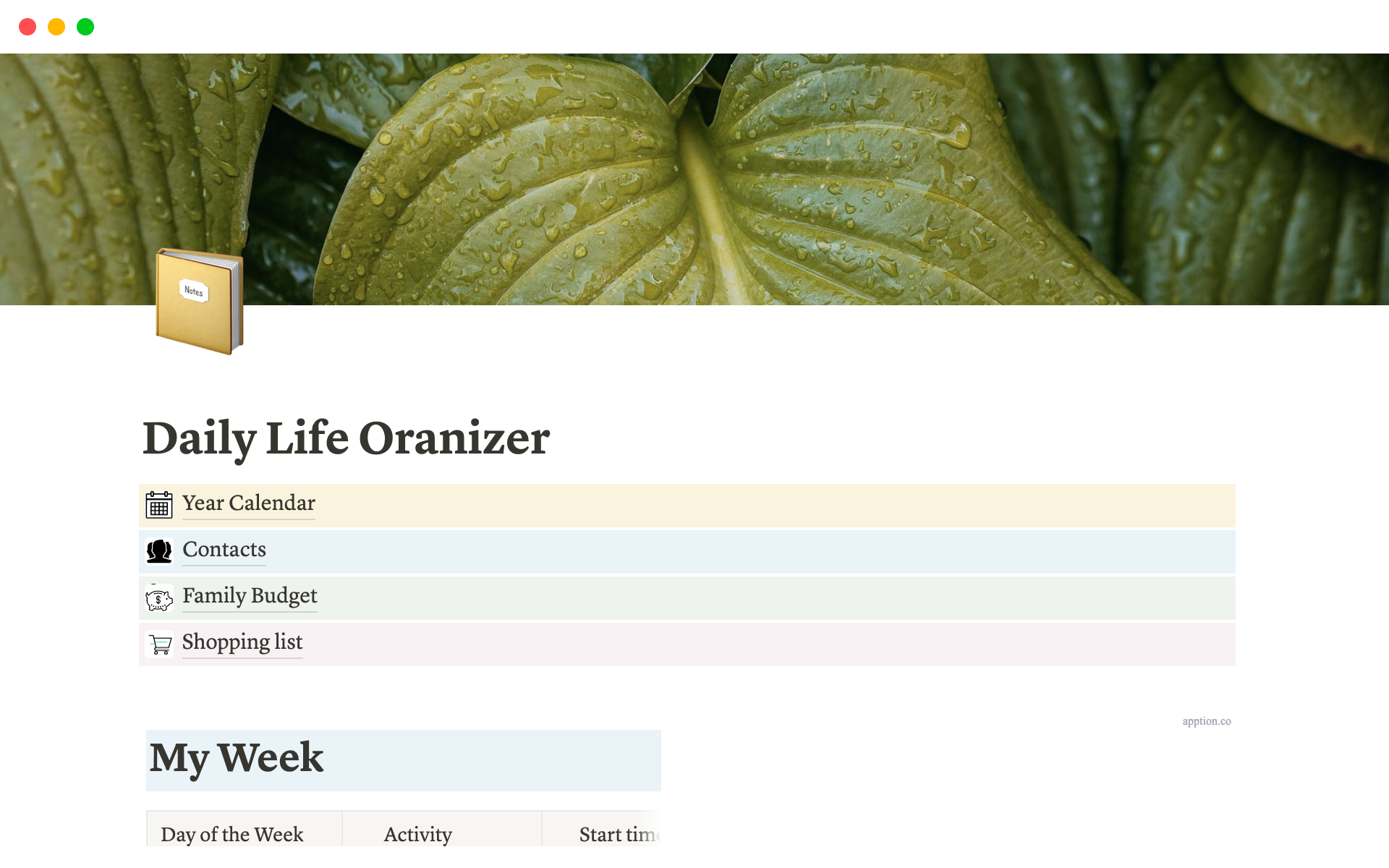 A template preview for Daily Life Organizer