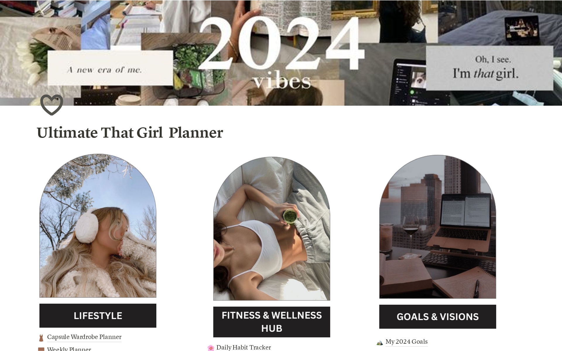 Welcome to the That Girl Ultimate Planner – your guide to a life full of style, goals, and wellness! This template encompasses three categories: Lifestyle, Goals and Visions, and Fitness & Wellness Hub. 