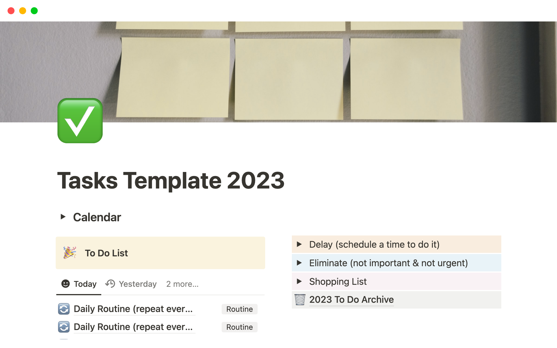 Eine Vorlagenvorschau für Tasks Template 2023