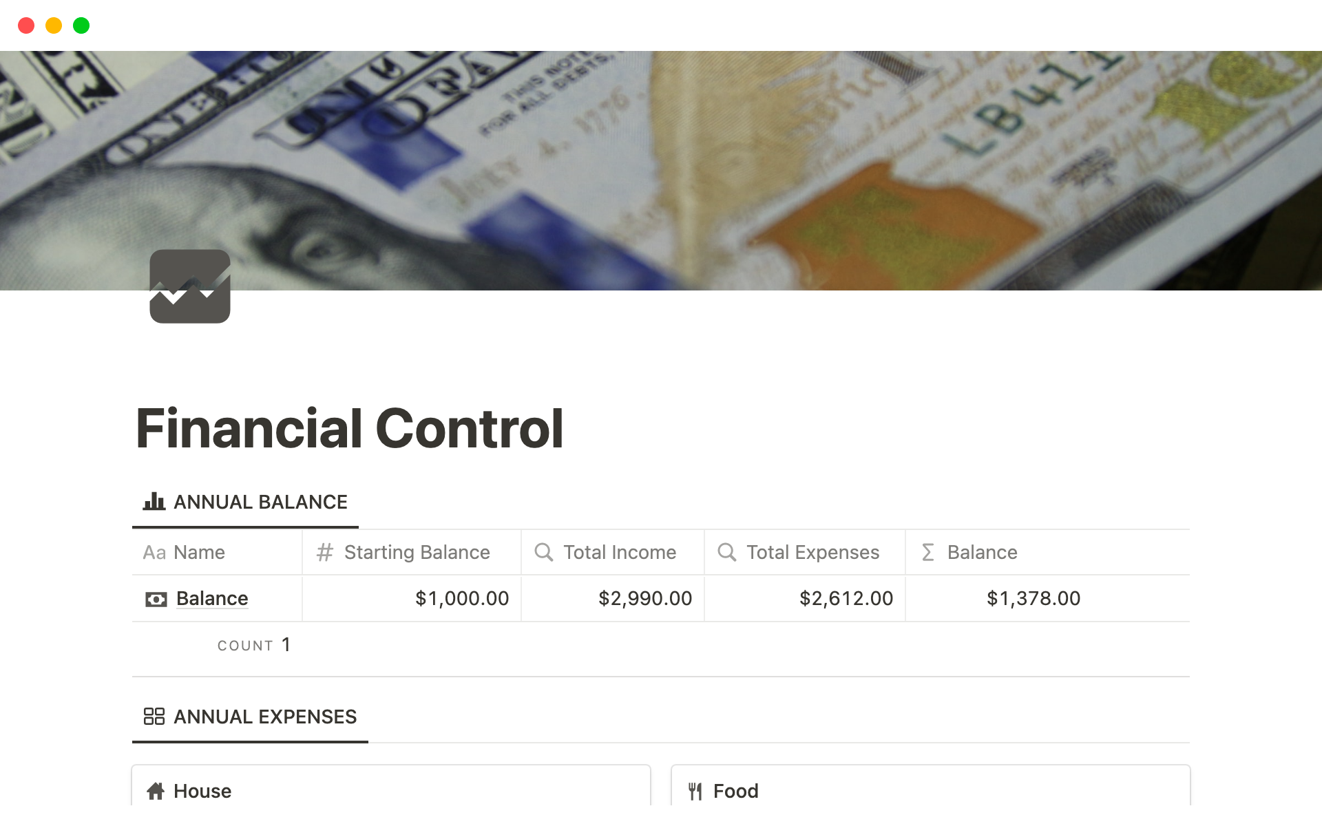 Vista previa de una plantilla para Financial Control