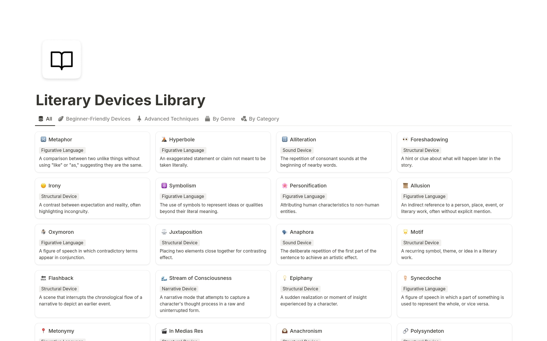 Literary Devices Library Template Notion Marketplace