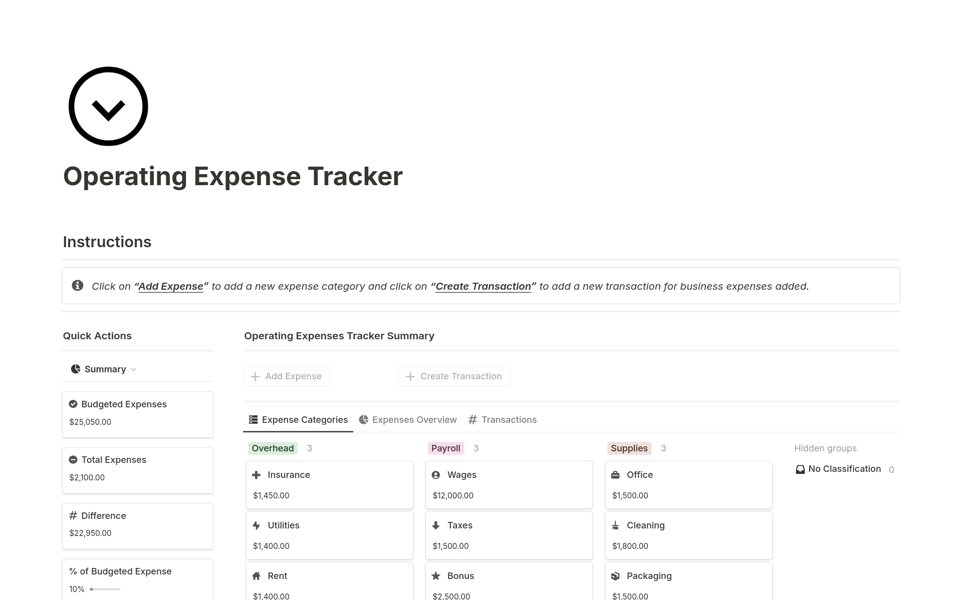 Eine Vorlagenvorschau für Operating Expense Tracker