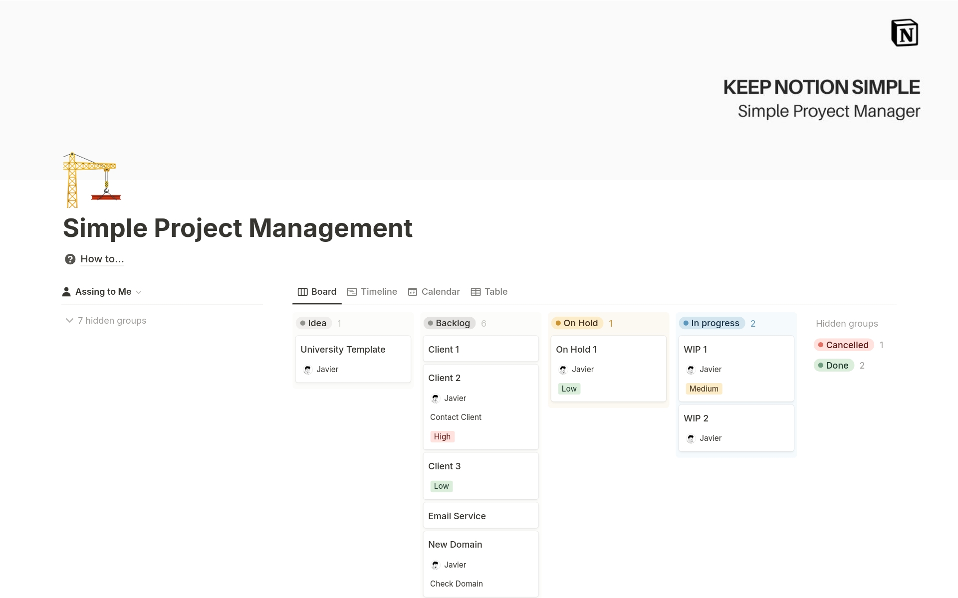This Notion template for project management in teams offers a unique combination of visual simplicity and advanced functionality. Its biggest advantage lies in how easy it is to stay organized and on top of tasks assigned to you individually as well as to the group.