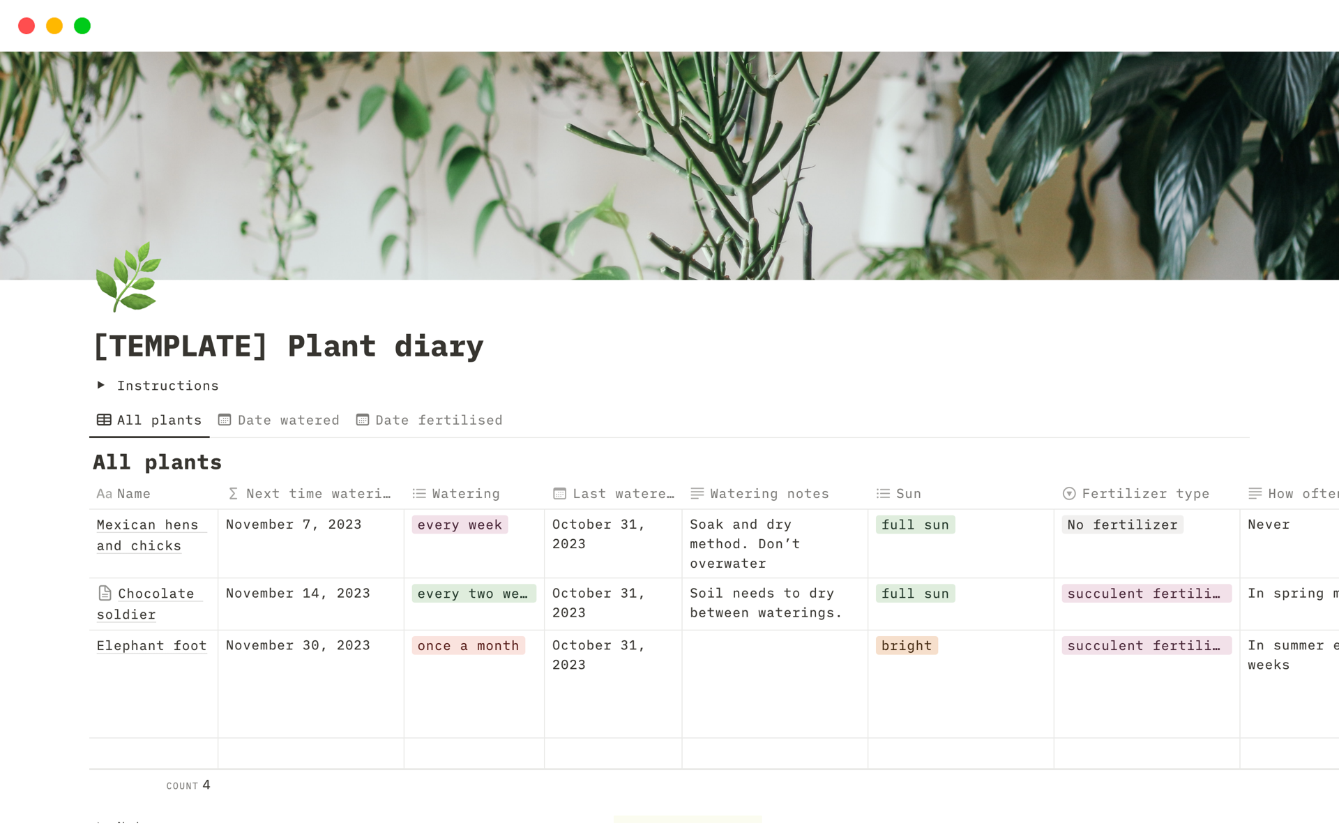 A template preview for Plant diary