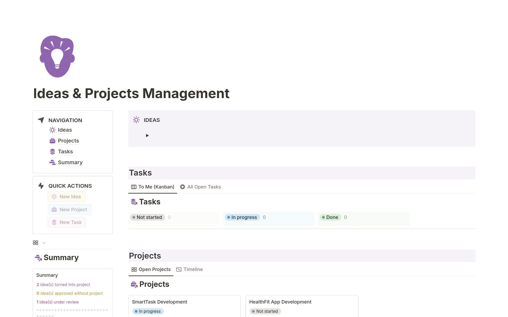 A template preview for Ideas & Projects Management