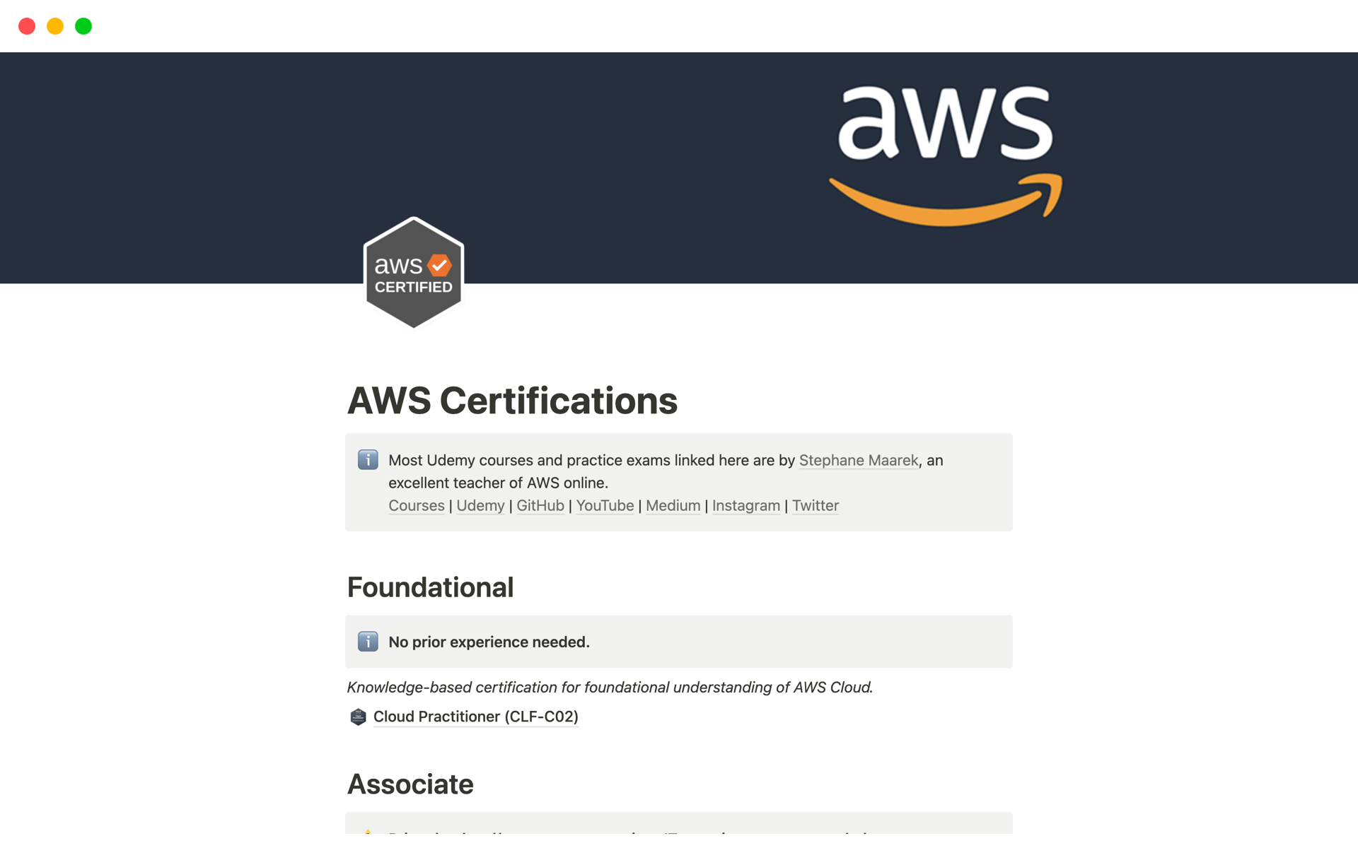 A template preview for AWS Certifications