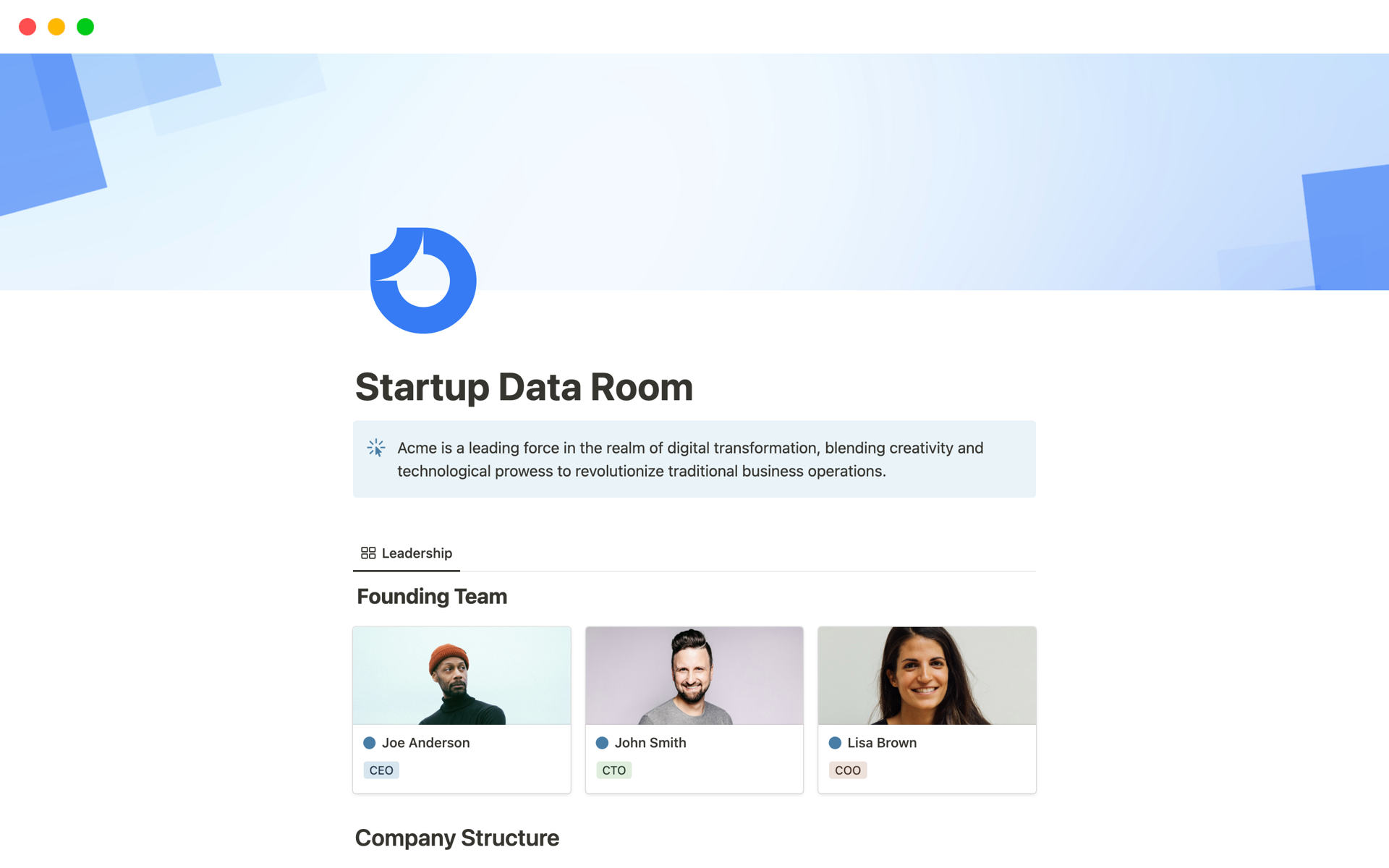 A template preview for Startup Data Room