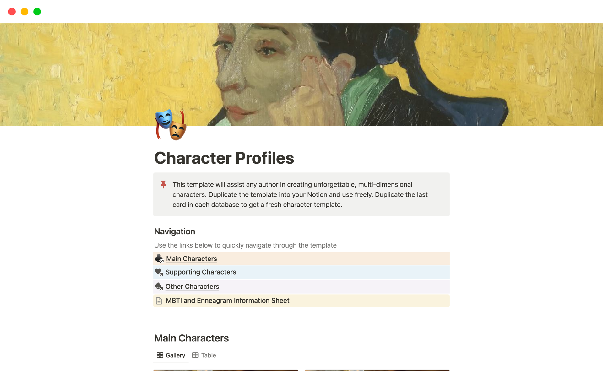 Uma prévia do modelo para Character Profiles