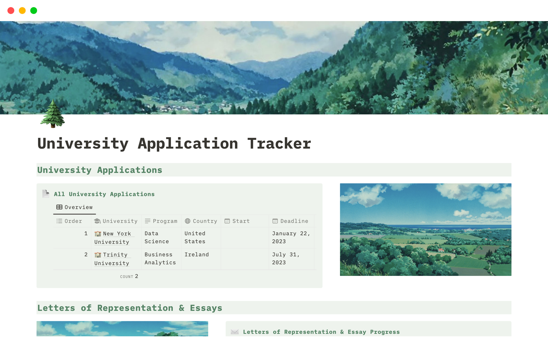 A template preview for Chill Green University Application Tracker