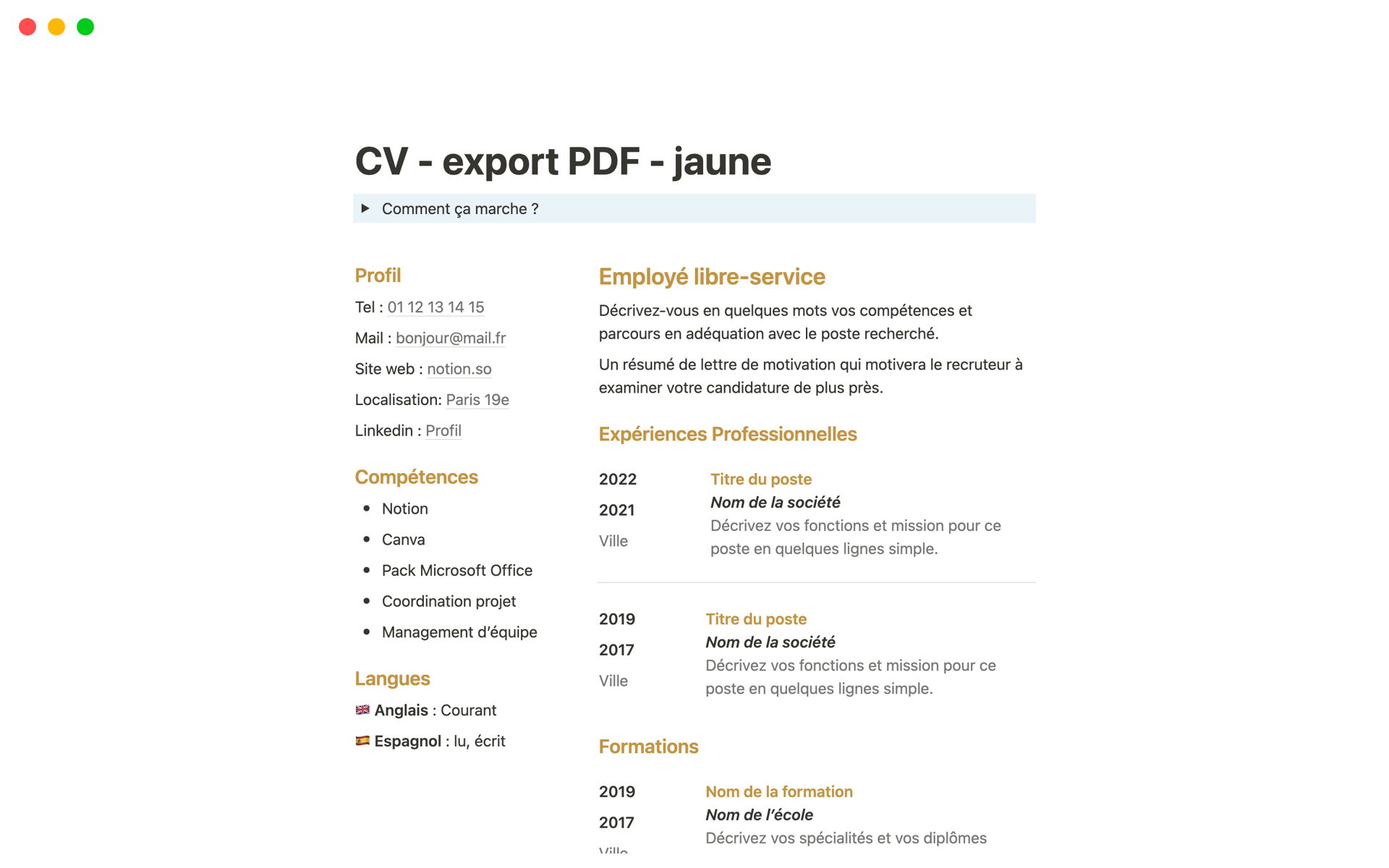 A template preview for CV simple pour export PDF - jaune