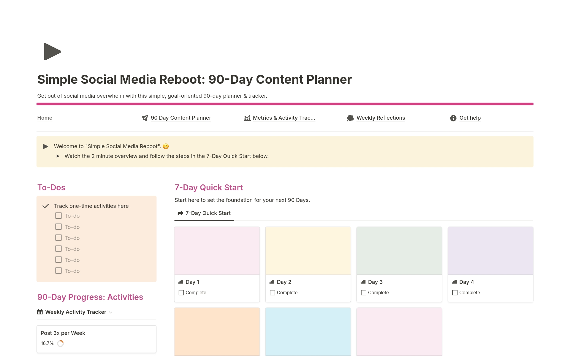 Simple Social Media Reboot: 90-Day Content Plannerのテンプレートのプレビュー
