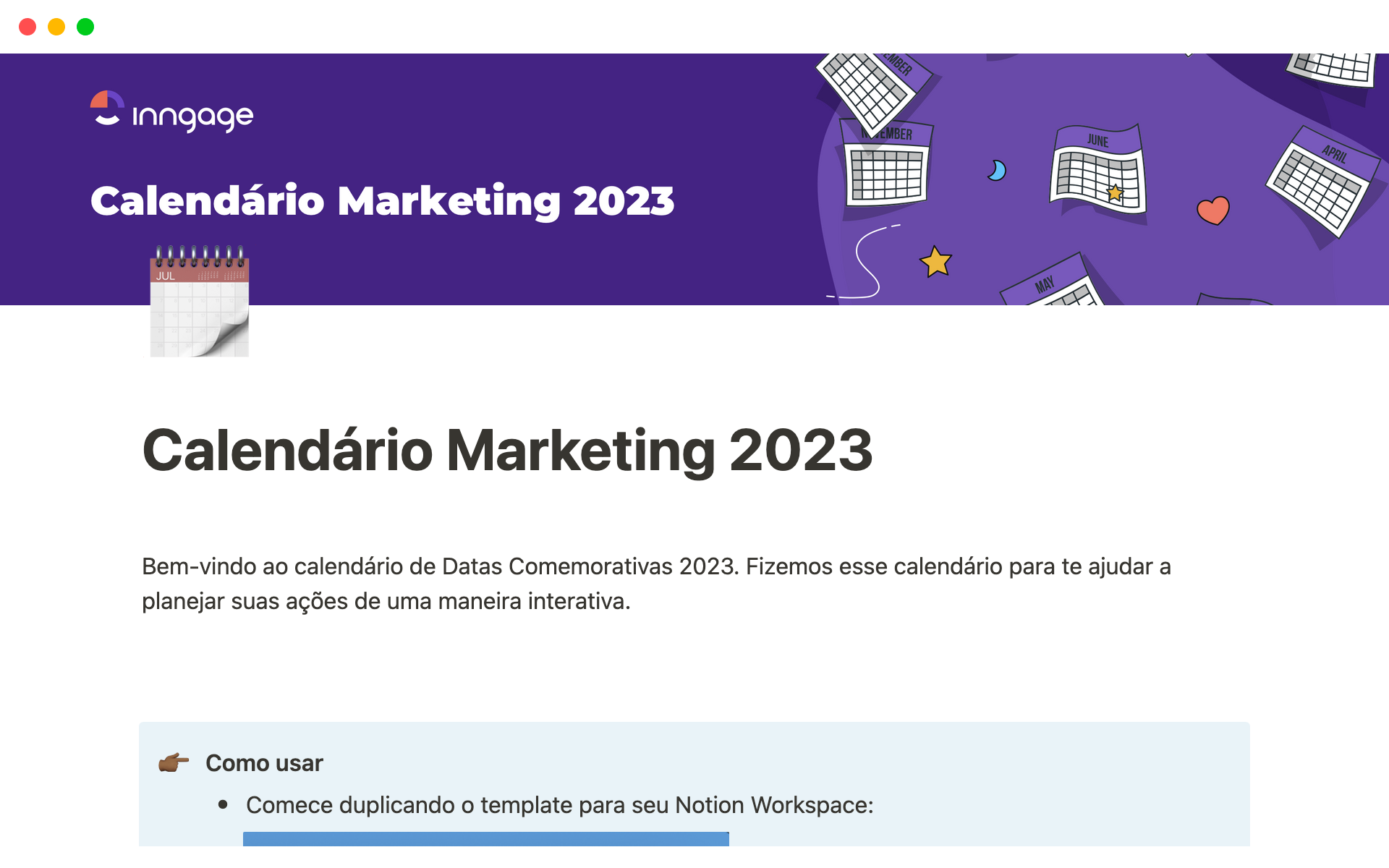 This template is a annual Special Dates must have for Brazilian Markerter. It compiles in a easy Notion view the most importants dates for brazilian marketers, so they can plan their campaigns.