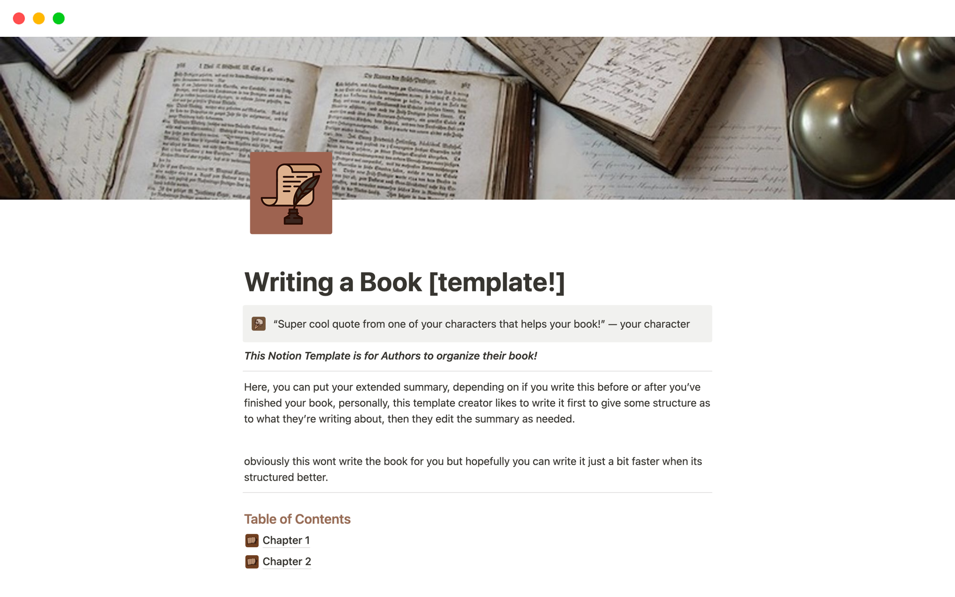A template preview for Writing a Book