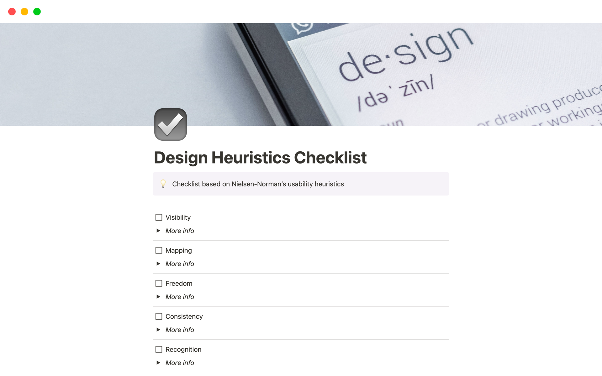 A template preview for Design Heuristics Checklist