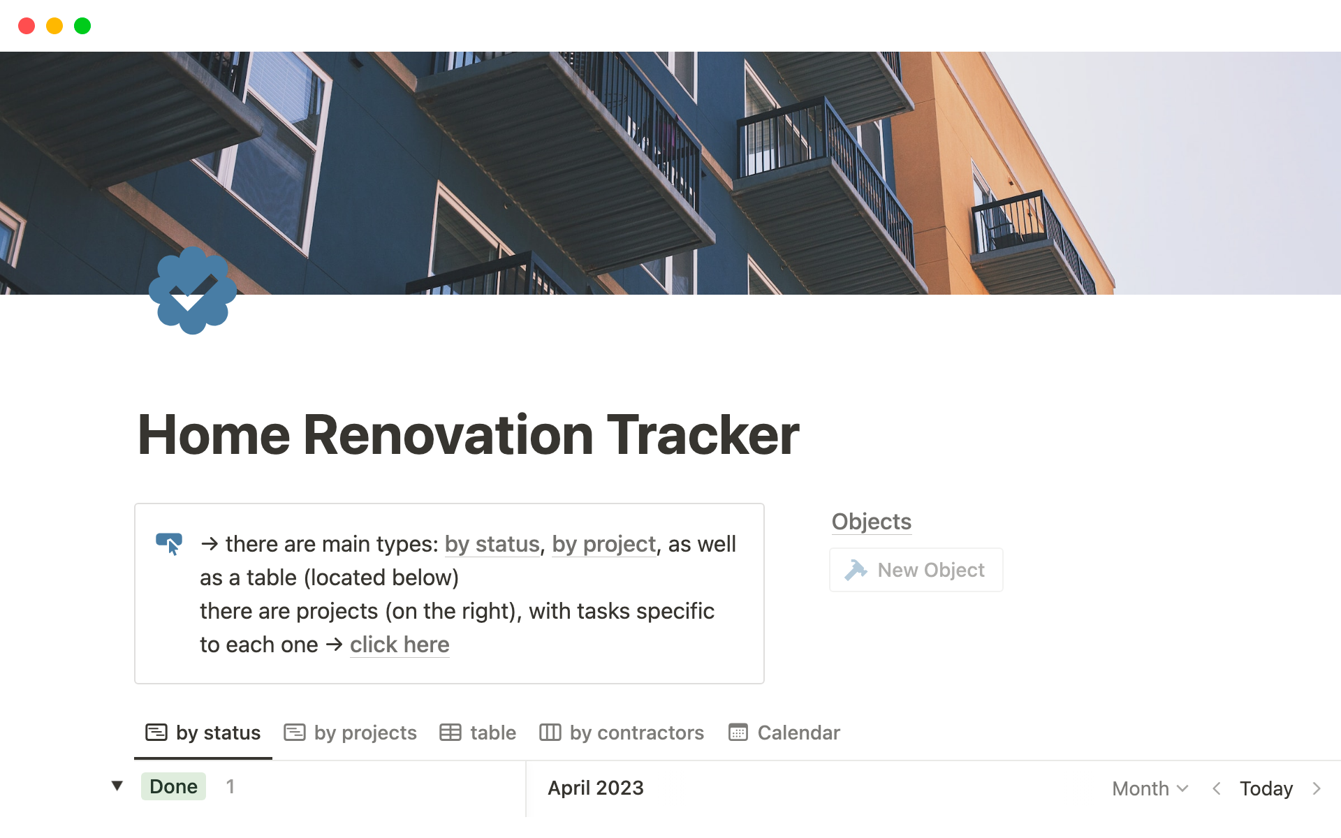 A template preview for Home Renovation Tracker