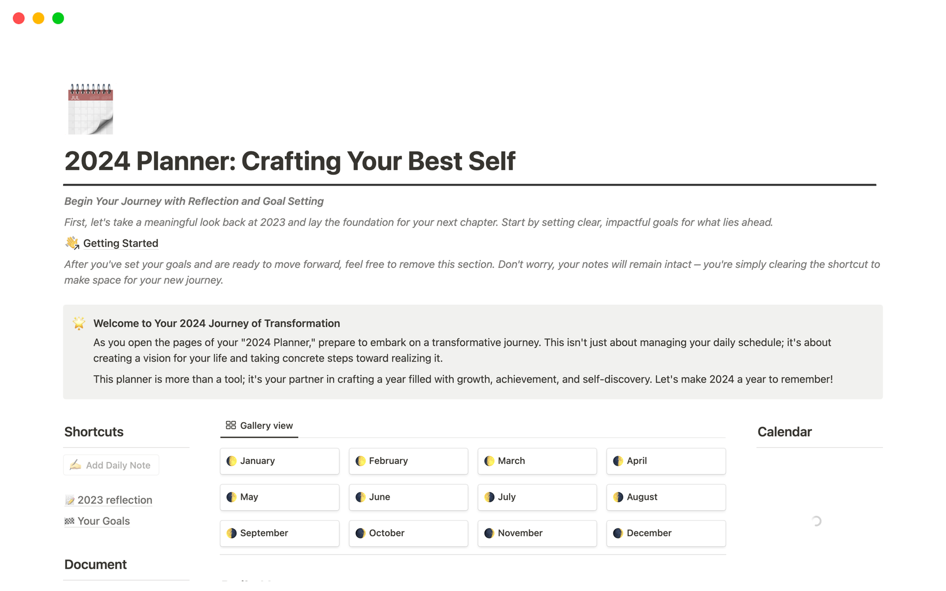 Uma prévia do modelo para 2024 Planner: Crafting Your Best Self