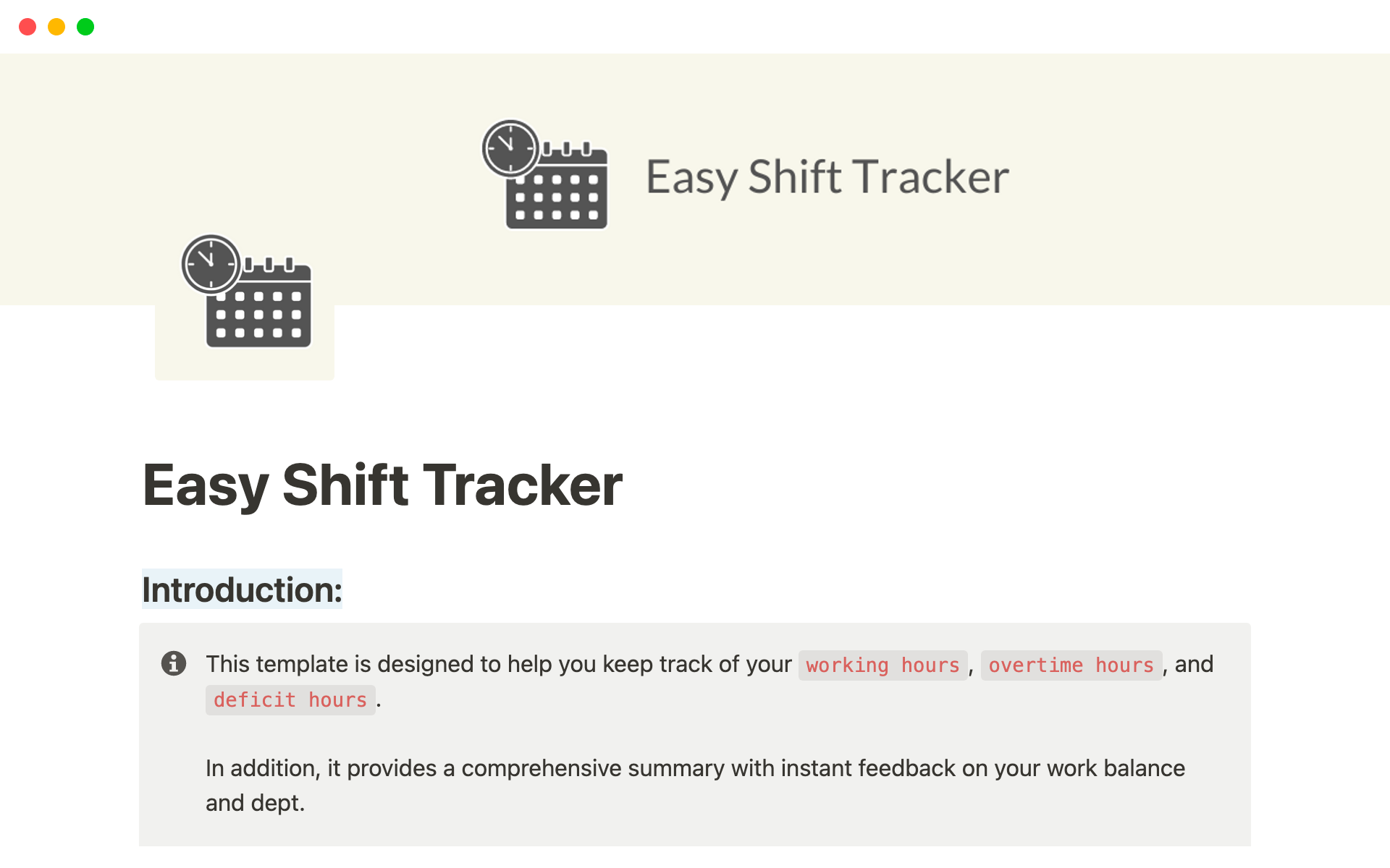 A template preview for Easy Shift Tracker
