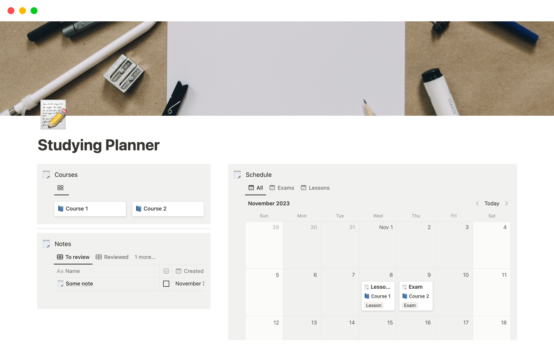 A template preview for Student University Courses Studying Planner