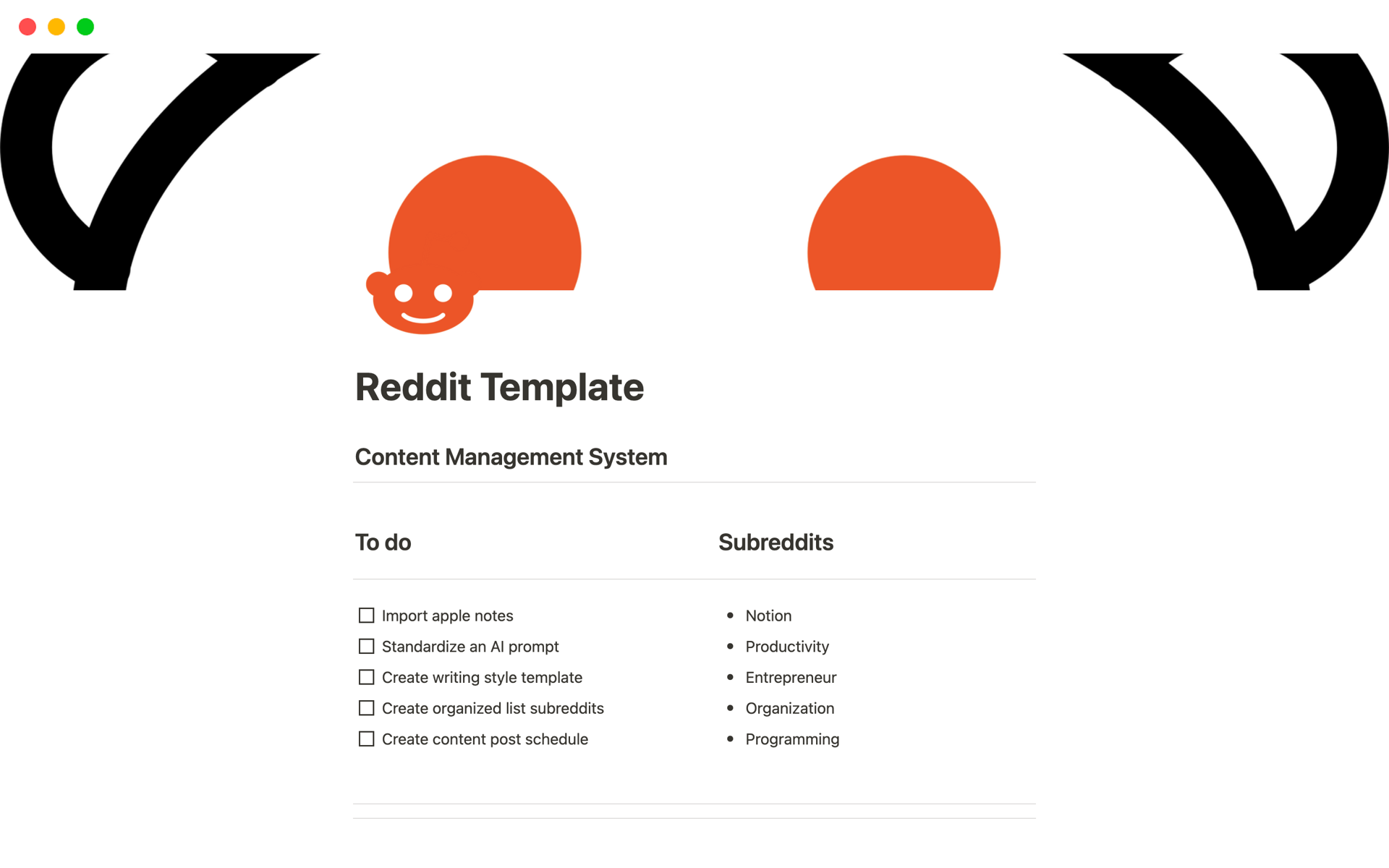 En forhåndsvisning av mal for Reddit Content Management