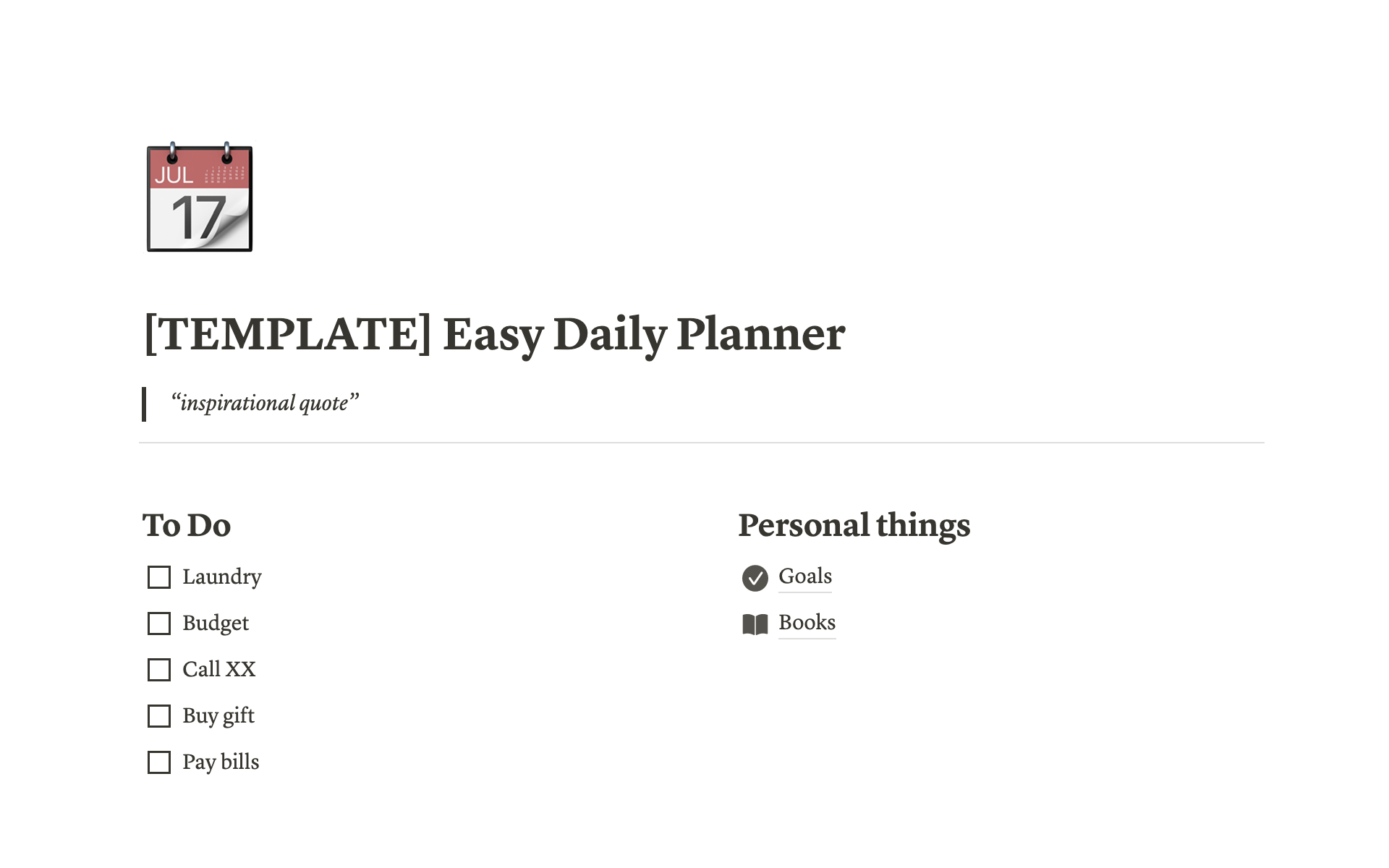Easy Daily Plannerのテンプレートのプレビュー