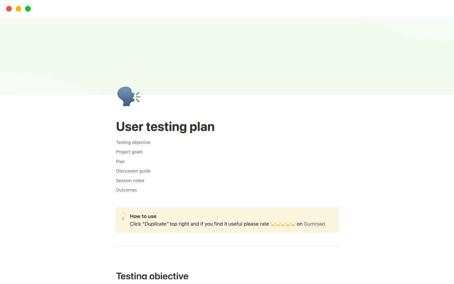 A template preview for User Testing Plan + Script