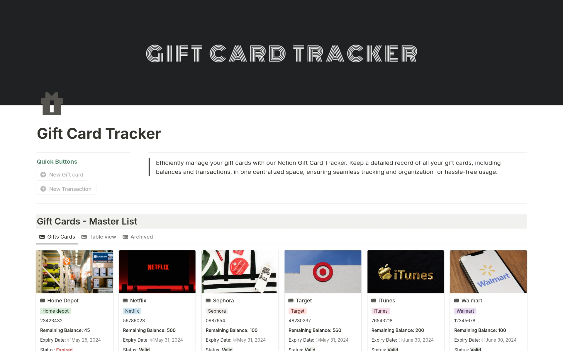 Efficiently manage your gift cards with our Notion Gift Card Tracker.